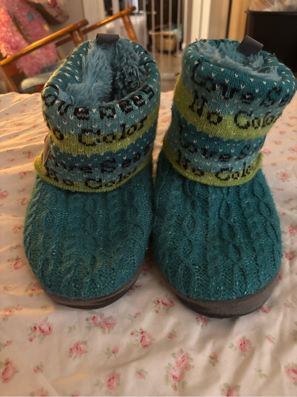 Muk Luks Teal Knit Bootie Slippers with Patterned Cuff